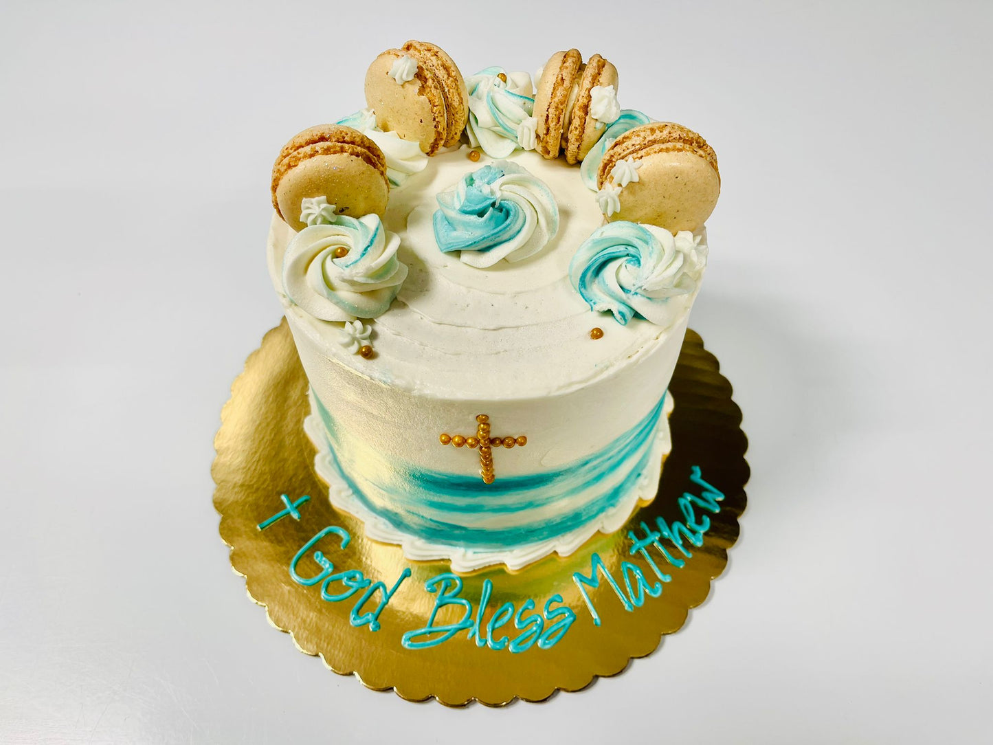 Baptism & First Communion Cake – Custom Cream Buttercream with Colorful Accents & Macarons
