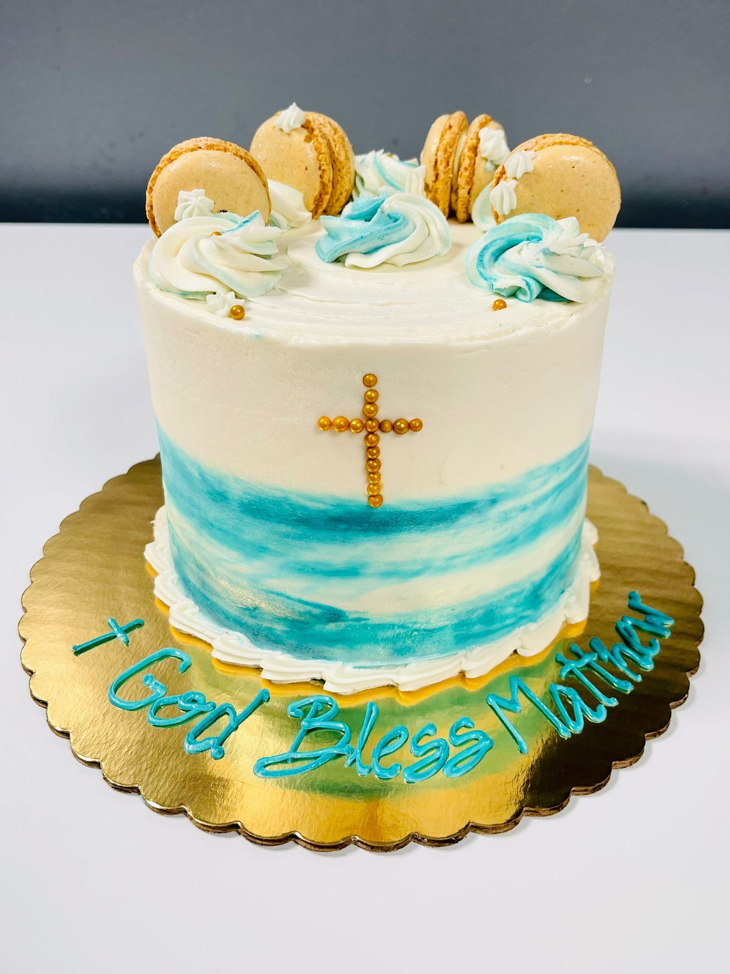 Baptism & First Communion Cake – Custom Cream Buttercream with Colorful Accents & Macarons