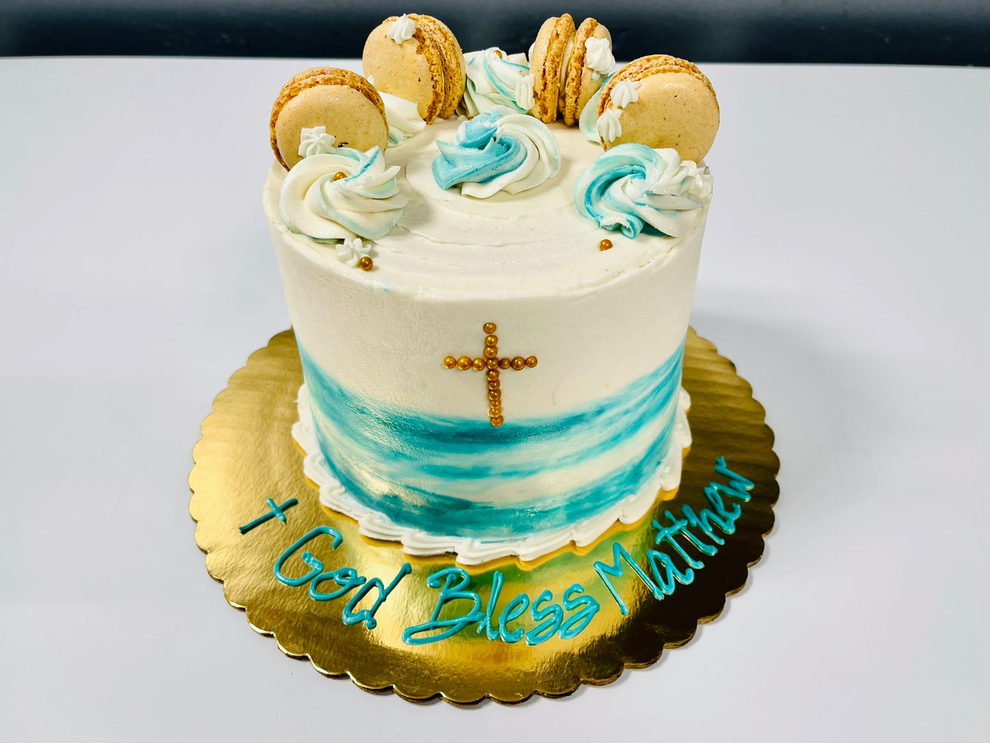 Baptism & First Communion Cake – Custom Cream Buttercream with Colorful Accents & Macarons