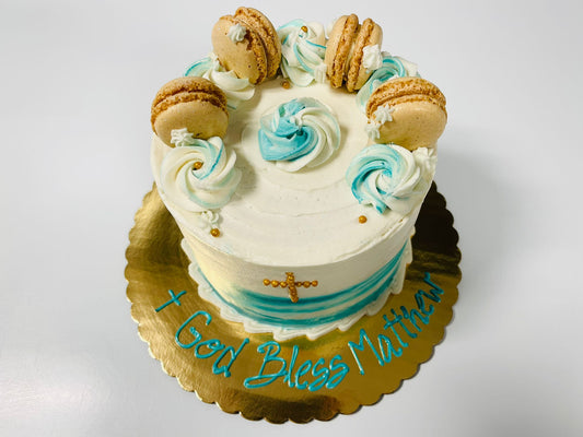 Baptism & First Communion Cake – Custom Cream Buttercream with Colorful Accents & Macarons