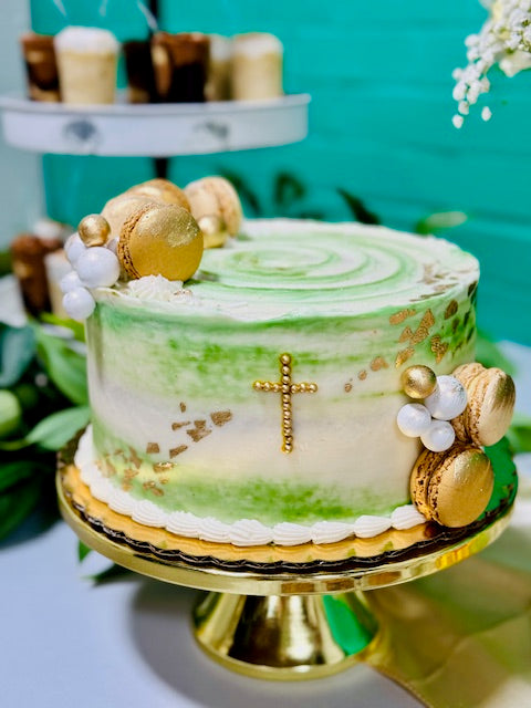 Baptism & First Communion Cake – Cream Buttercream with Gold Cross & custom Macarons